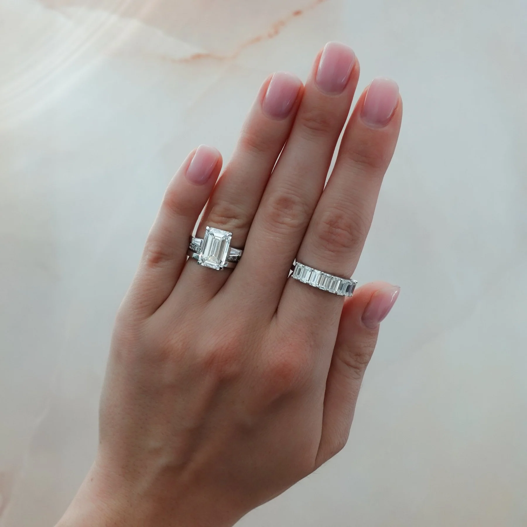 Translunar Tapered Baguette Engagement Ring With North South Emerald Cut Diamond - Image 6